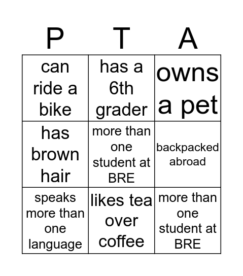 PTA Ice Breaker Bingo Card