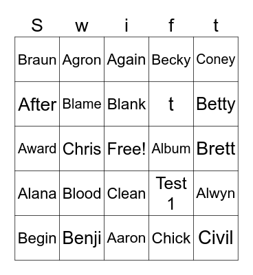 MIDNIGHTS Bingo Card