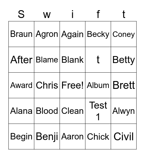 MIDNIGHTS Bingo Card