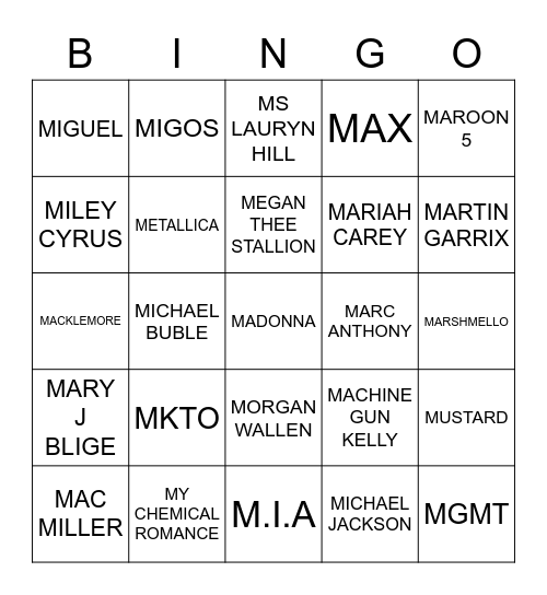 M Bingo Card