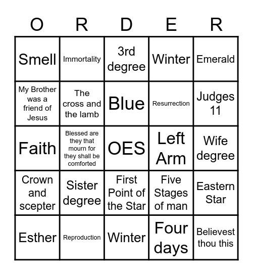 Order Of The Eastern Star Bingo Card