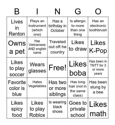 Get to Know Me Bingo Card