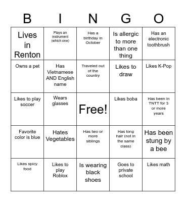 Get to Know Me Bingo Card