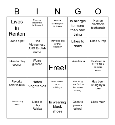 Get to Know Me Bingo Card