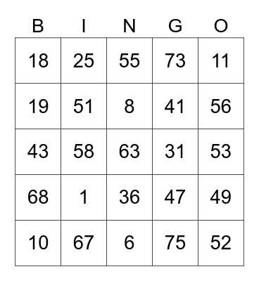 Joe Round 1 (Numbers) Bingo Card