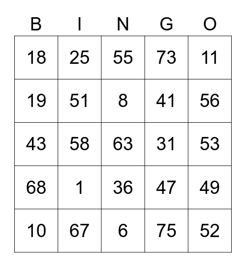 Joe Round 1 (Numbers) Bingo Card