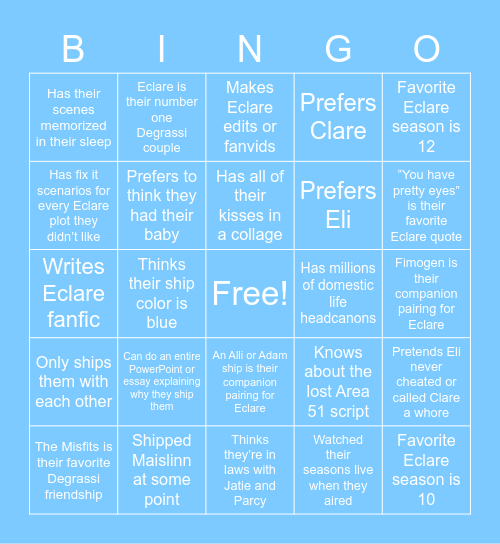 Eclare Shipper Bingo Card