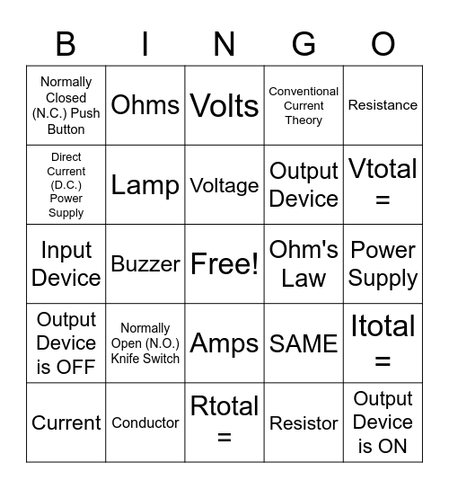 Basic Circuit Schematics & Series Circuits Bingo Card