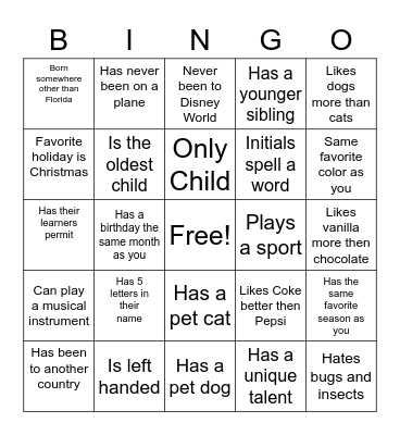 Youth Group Get to Know You Bingo Card