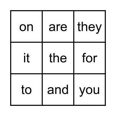 Sight Words Bingo Card