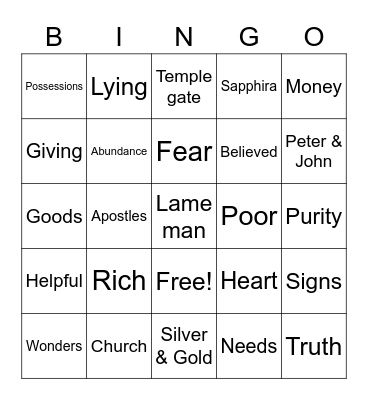 Ananias & Sapphira Bingo Card