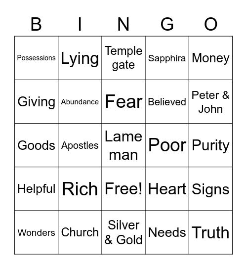 Ananias & Sapphira Bingo Card