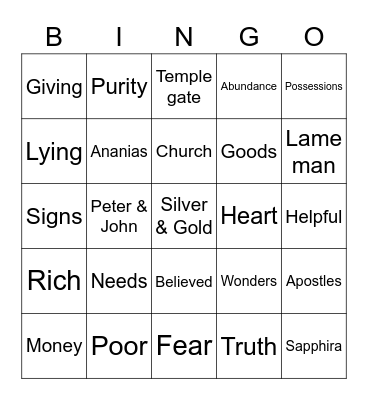 Ananias & Sapphira Bingo Card