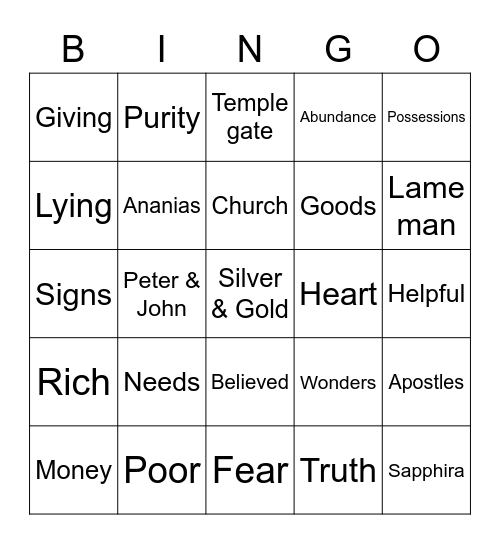 Ananias & Sapphira Bingo Card