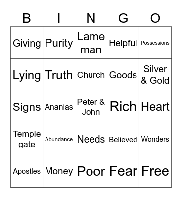Ananias & Sapphira Bingo Card