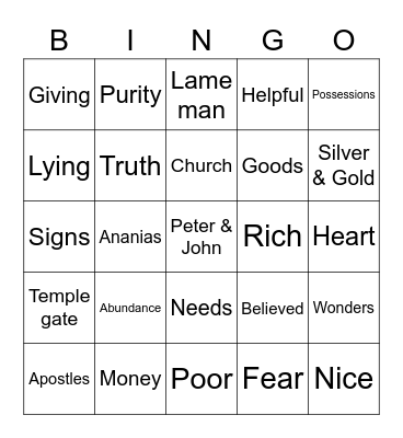 Ananias & Sapphira Bingo Card