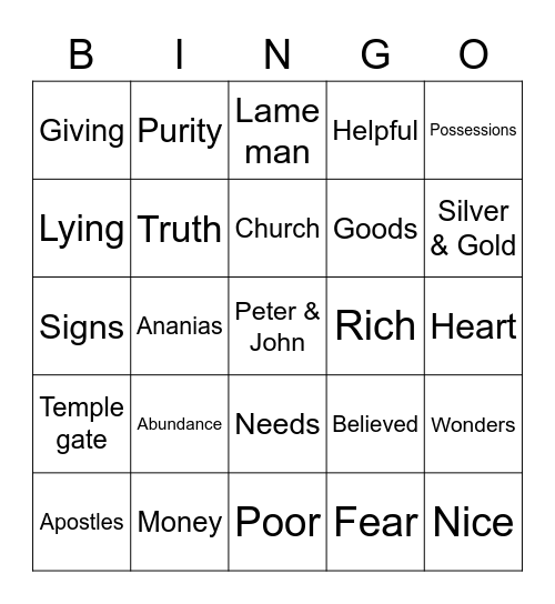 Ananias & Sapphira Bingo Card