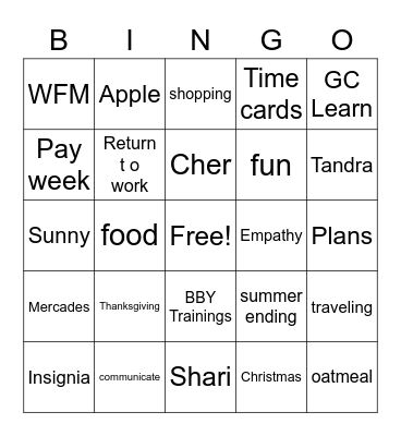 Sunday Funday Bingo Card