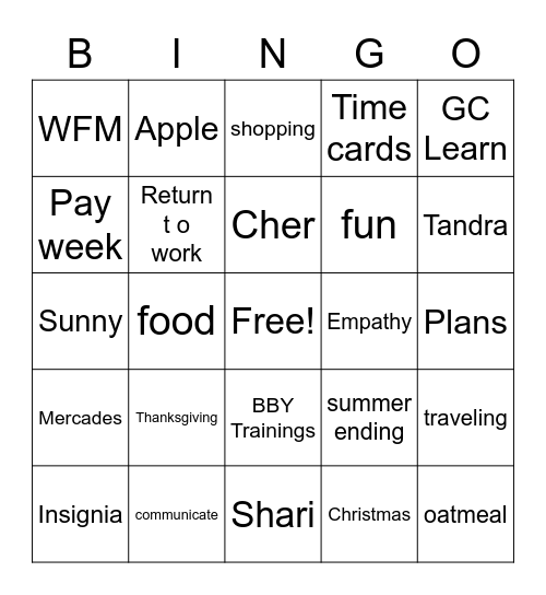 Sunday Funday Bingo Card