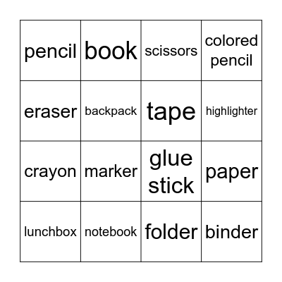 School Supplies Bingo Card