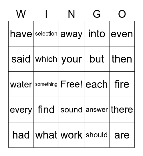 Most Common Words Bingo Card