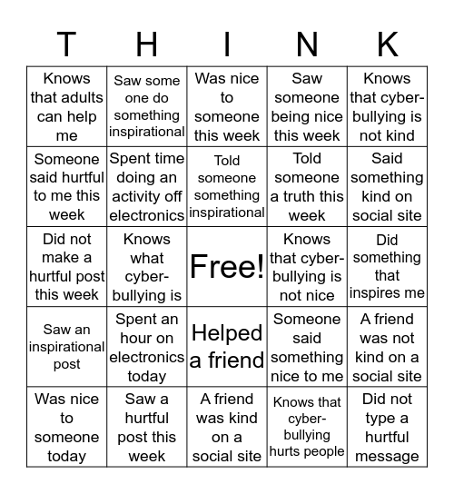 Cyberbulliying Awareness Bingo Card