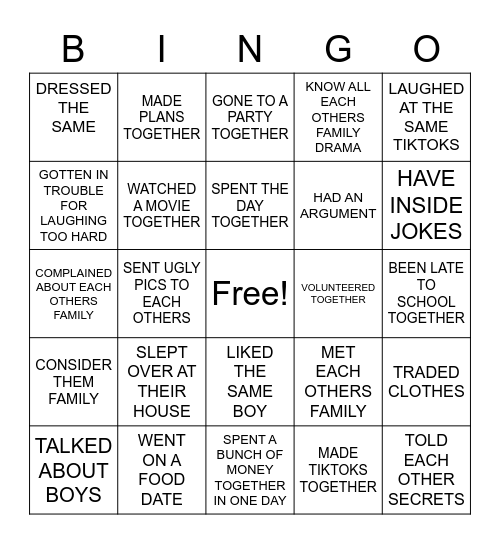 BEST FRIEND BINGO Card