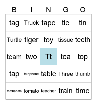 Letter T Bingo Card