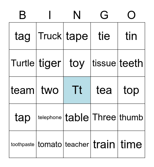 Letter T Bingo Card