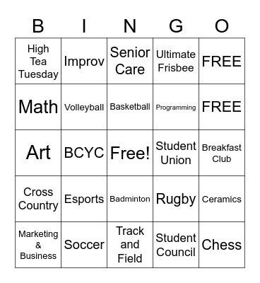 RE Mountain Clubs and Sports Bingo Card