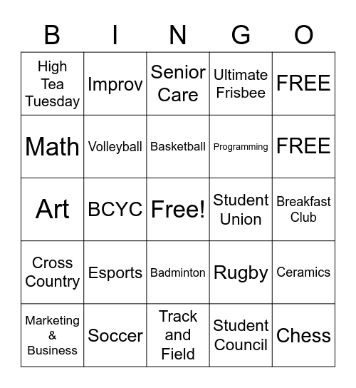 RE Mountain Clubs and Sports Bingo Card