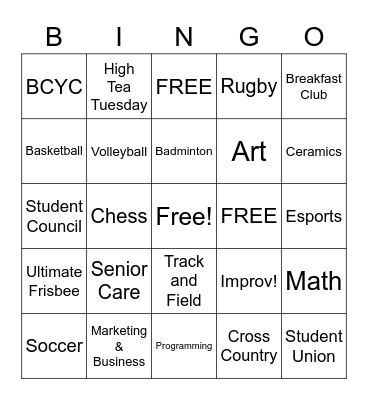 RE Mountain Clubs and Activities Bingo Card