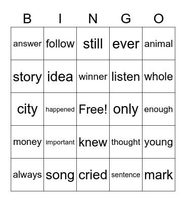 Sight Words Bingo Card
