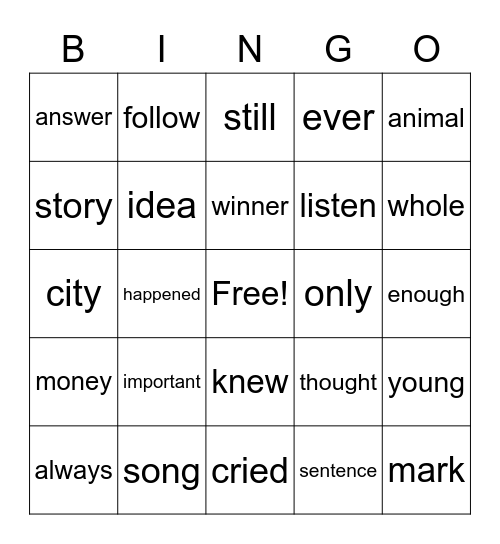 Sight Words Bingo Card