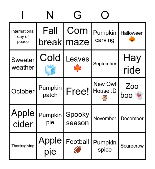 Fall Bingo Card