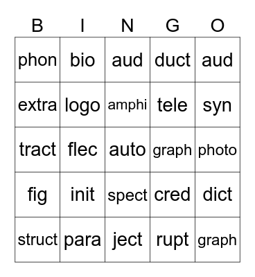 Morpheme Bingo Card