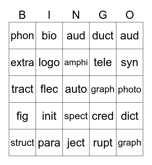 Morpheme Bingo Card