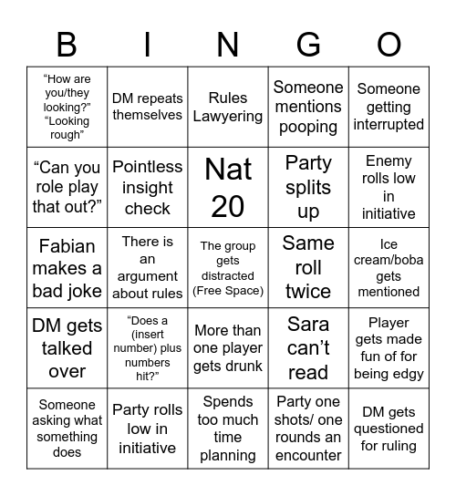 D&D Bingo Card
