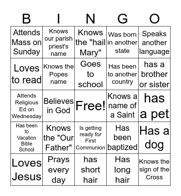 First Sacrament Bingo Card