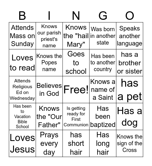 First Sacrament Bingo Card