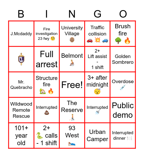 Arboles Station “A shift” Bingo Card