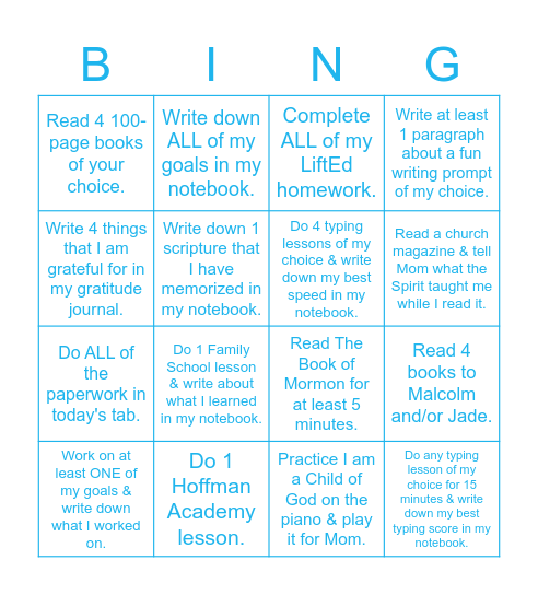 4x4 Homework Bingo Card