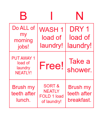 Daily Hygiene & Housework Bingo Card