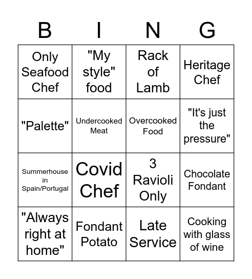 Masterchef Bingo Card