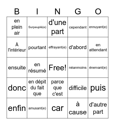 Reasons why I like to go places & Transition Words 1 Bingo Card
