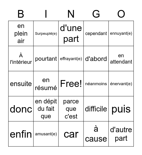 Reasons why I like to go places & Transition Words 1 Bingo Card