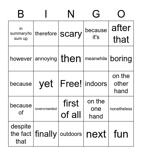 Untitled BingoReasons why I like to go places & Transition Words 2 Bingo Card