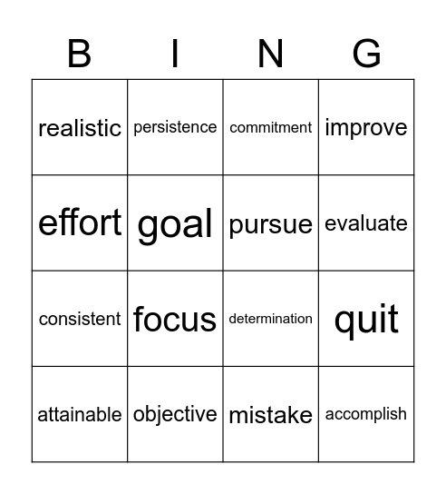 Goal Setting Vocab Terms Bingo Card