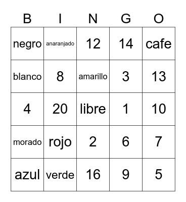 Numbers and Colors (Spanish) Bingo Card