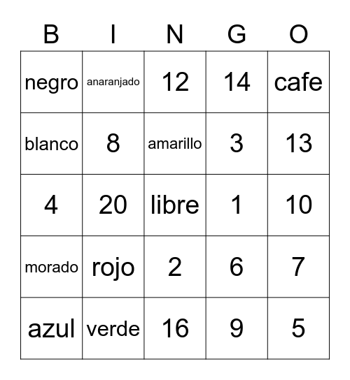 Numbers and Colors (Spanish) Bingo Card